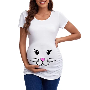 Пасхальные женские футболки для беременных с круглым вырезом и коротким рукавом с рисунком кролика и рюшами по бокам, Топы, Туника для беременных, Мягкая рубашка для беременных