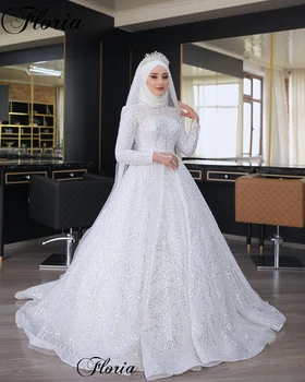 Мусульманские свадебные платья с блестками Для женщин, Ближний Восток, Свадебные платья с длинными рукавами, Платья для невест в часовне, Vestido Blanco 13
