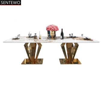 Роскошный обеденный стол из каменной плиты, набор стульев в золотой раме из нержавеющей стали, стол из искусственного мрамора, Набор обеденных стульев Sillas Comedor 6