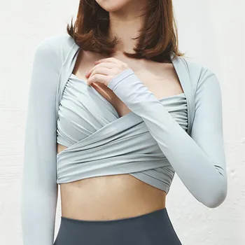 Сексуальная модная одежда для йоги с длинным рукавом, женские рубашки для фитнеса с перекрестным рисунком на груди, для тренировок на открытом воздухе, Дышащий мягкий укороченный топ 3